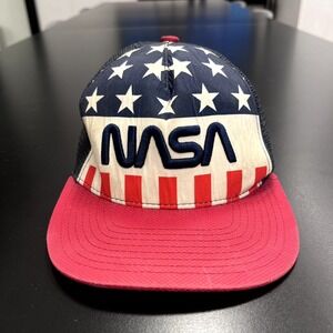Nasa Hat Cap Snap Back Red Blue Flag Full Mesh Trucker Vintage Patch